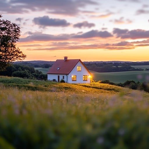 Cozy countryside cottage at sunset, symbolising boutique hospitality experiences supported by Echeva.