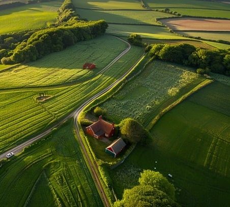 Aerial countryside farmland scene reflecting the boutique and rural hospitality businesses Echeva serves.